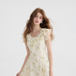 French tea break style floral dress ruffled short skirt R2701