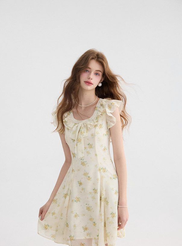 French tea break style floral dress ruffled short skirt R2701