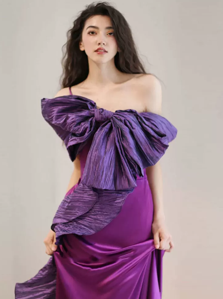 Niche Purple Prom Dress ,Mermaid One-shoulder Satin Corset Maxi Evening Dress RS925