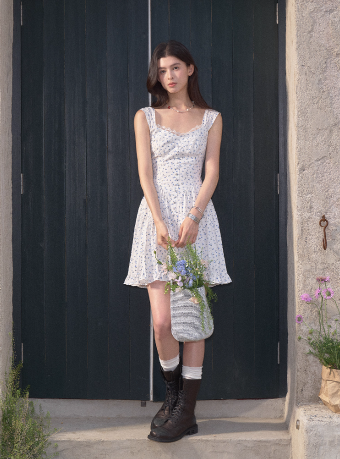 Tencel romantic slim floral dress women's summer French style sweet waist short skirt R3331