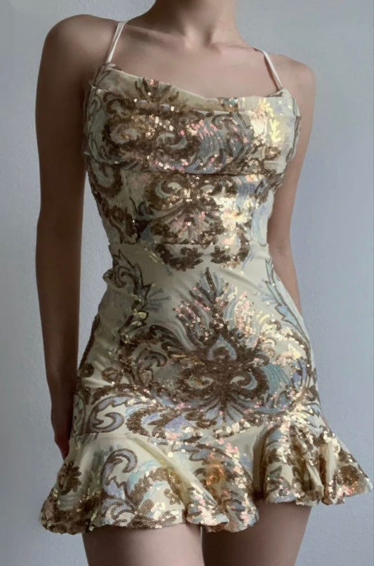 Gold suspender pattern waist slim mini skirt homecoming dress R2735