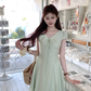 Green long v-neck short-sleeved dress women's summer loose slim temperament skirt R4832