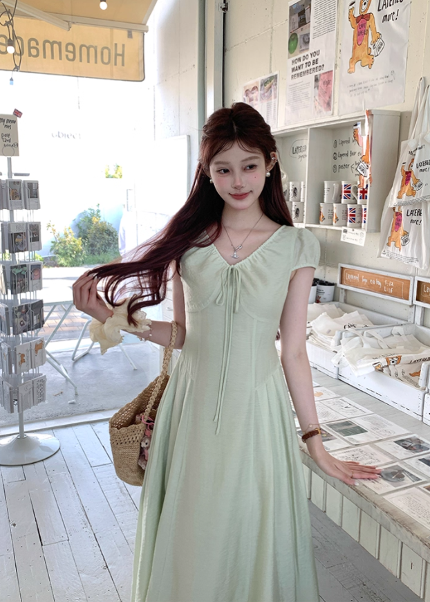 Green long v-neck short-sleeved dress women's summer loose slim temperament skirt R4832