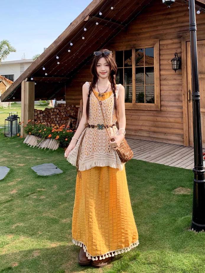 Artistic forest style layered beaded suspender long skirt travel wear dress knitted vest two-piece suit R1731