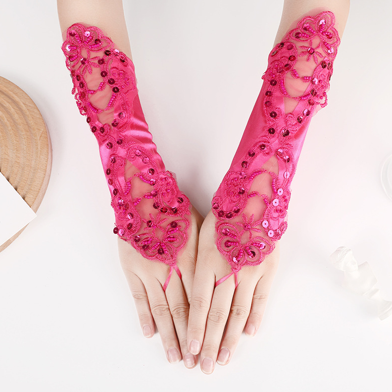 Hollow gloves wedding dress long lace embroidery nail beaded fingerless wedding gloves hook finger     S6250