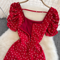 Holiday beach dress with open back, super fairy square collar, slim fit, puff sleeves, slit polka dot dress R0346