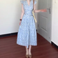 Blue v-neck floral dress with small flying sleeves, beautiful waist A-line beach dress R0781