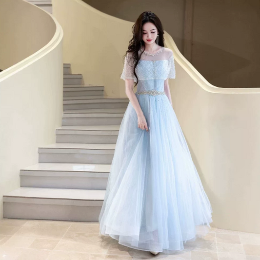 Tulle Glitter Flowy Corset Prom Gown , Blue Women's Maxi Evening Dress Ball Gown RS2424