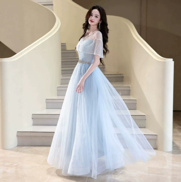 Tulle Glitter Flowy Corset Prom Gown , Blue Women's Maxi Evening Dress Ball Gown RS2424