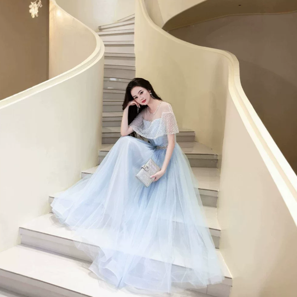 Tulle Glitter Flowy Corset Prom Gown , Blue Women's Maxi Evening Dress Ball Gown RS2424
