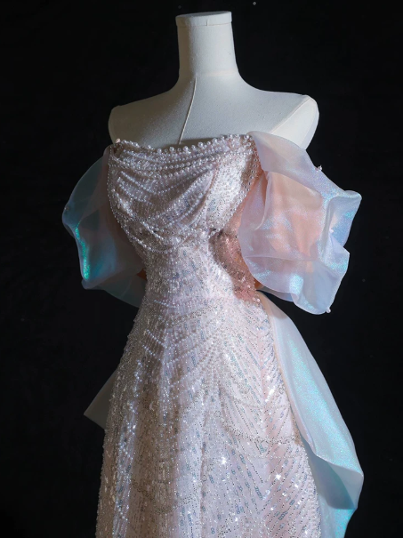 Gorgeous Pink Beaded Prom Dress ,Mermaid Off-the-shoulder Corset Maxi Evening Dress RS926