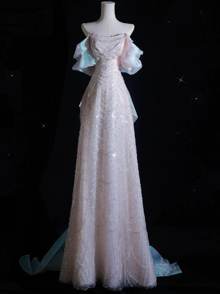 Gorgeous Pink Beaded Prom Dress ,Mermaid Off-the-shoulder Corset Maxi Evening Dress RS926