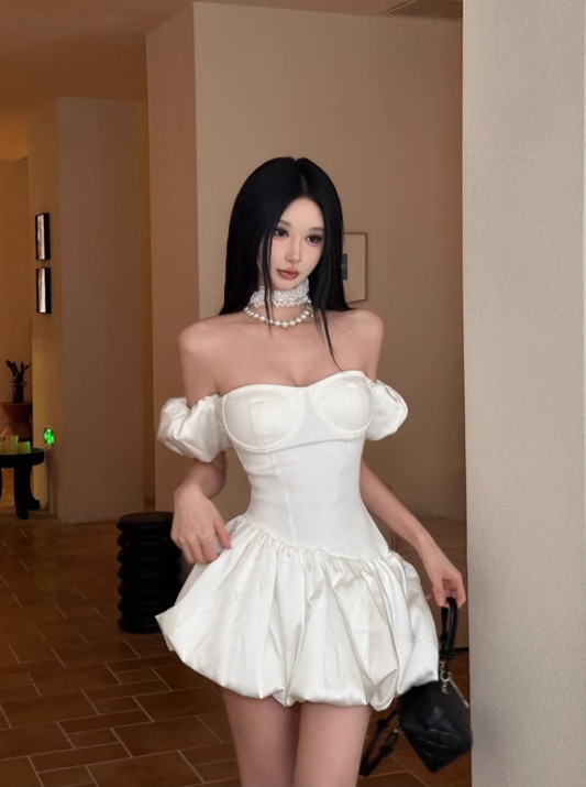 French one shoulder white strapless dress, summer dress, slim fit, waist cinching, fluffy short skirt, homecoming dress R2993