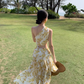 Chic and beautiful skirt atmosphere off-shoulder waist dress chiffon floral beach skirt R1622