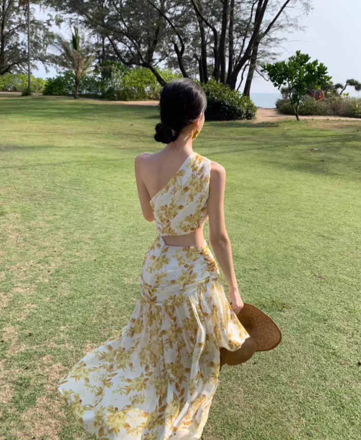 Chic and beautiful skirt atmosphere off-shoulder waist dress chiffon floral beach skirt R1622