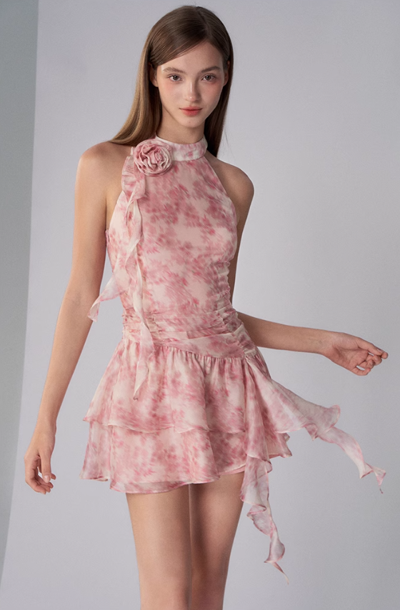 Halter Neck Printed Ribbon Dress Summer New Sleeveless Off Shoulder Vest Dress R3338