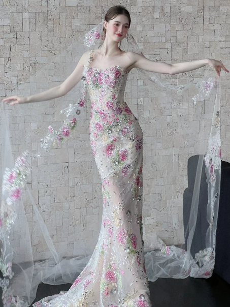 Dreamy Ivory Floral Prom Dress ,Mermaid Strapless Tulle Corset Maxi Evening Dress RS928