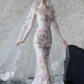 Dreamy Ivory Floral Prom Dress ,Mermaid Strapless Tulle Corset Maxi Evening Dress RS928