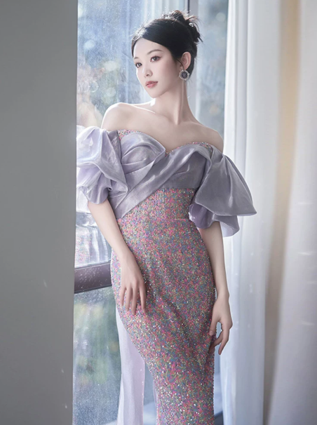 Elegant Lavender Prom Dress ,Mermaid Bateau Puff Sleeves Corset Maxi Evening Dress RS929