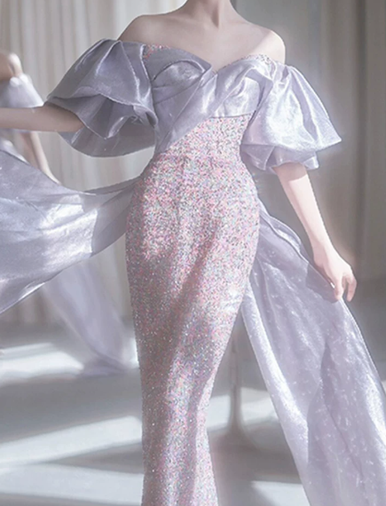 Elegant Lavender Prom Dress ,Mermaid Bateau Puff Sleeves Corset Maxi Evening Dress RS929