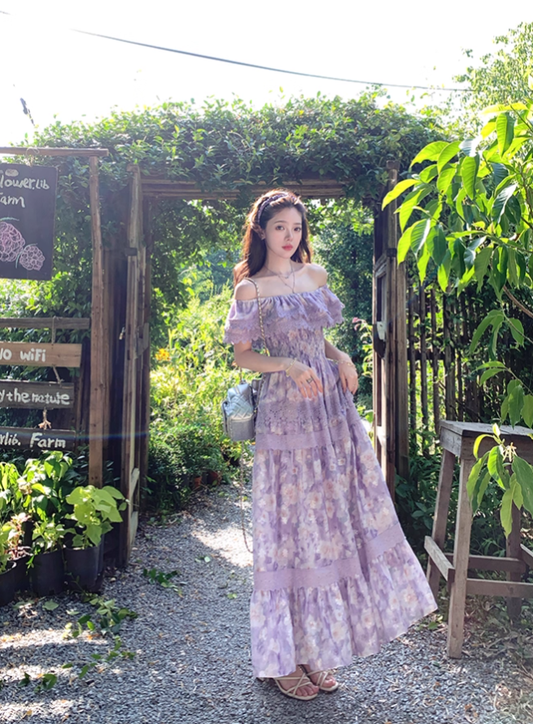 Purple long printed waist dress for women summer French retro temperament high-end skirt R4581