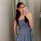 Blue striped tube top waist A-line pleated skirt homecoming dress R3850