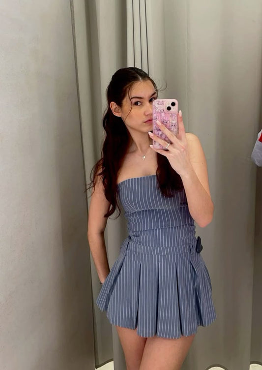 Blue striped tube top waist A-line pleated skirt homecoming dress R3850