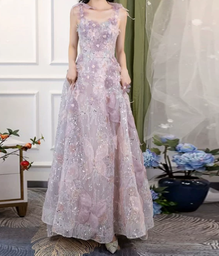 Dreamy Lavender Beaded Prom Dress ,A-Line Spaghetti Straps Applique Corset Maxi Evening Dress RS930
