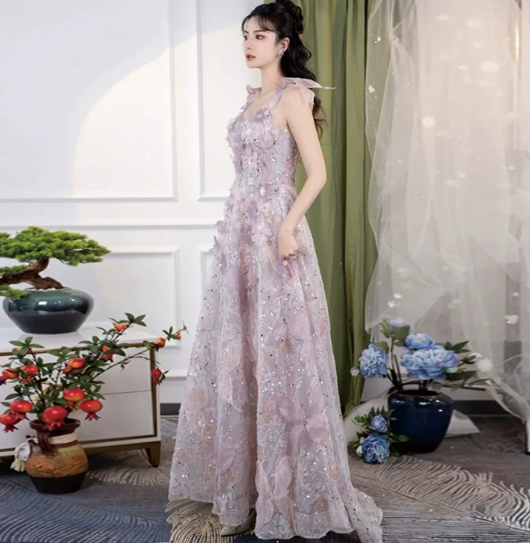 Dreamy Lavender Beaded Prom Dress ,A-Line Spaghetti Straps Applique Corset Maxi Evening Dress RS930
