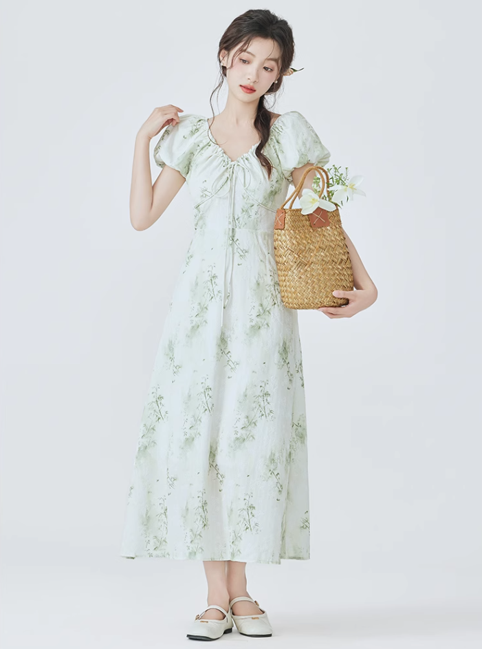 French floral dress new tea break beautiful dress waist long dress temperament R2363