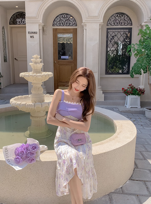 One-shoulder purple suspender floral dress for women summer design temperament sweet long dress R4111