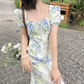 French fresh pastoral style temperament slim print fairy atmosphere floral ruffle dress R1430