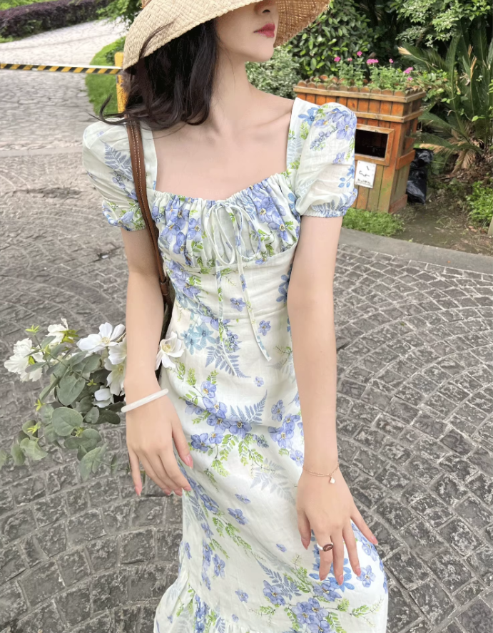 French fresh pastoral style temperament slim print fairy atmosphere floral ruffle dress R1430