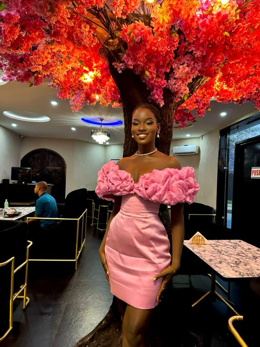 Pink three-dimensional design one-shoulder sexy waist-hugging hip short skirt homecoming dress R3744