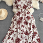 French lady temperament lady short sleeve square collar waist slim a-line print dress elegant long skirt R0406