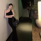 Beveled backless dress niche hip-hugging slim fit sexy slit knitted bottoming long skirt R1558