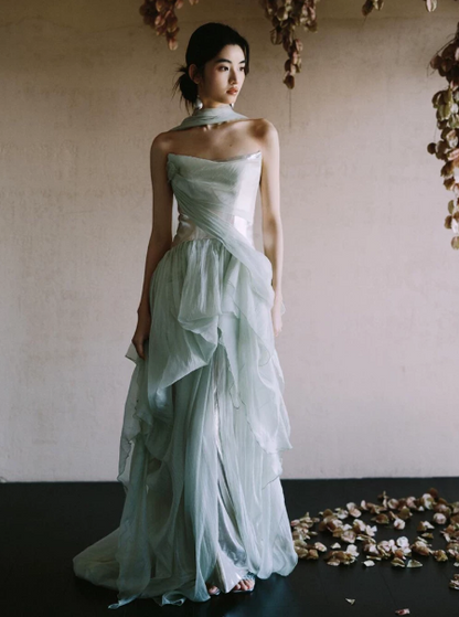 Dreamy Mint Green Prom Dress ,A-Line Strapless Tulle Corset Maxi Evening Dress RS931