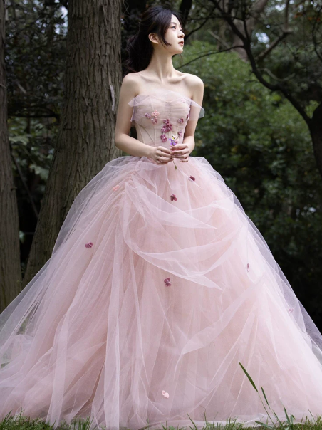 Sweet Pink Quinceanera Dress ,Ball Gown Strapless Tulle Corset Maxi Evening Dress RS932