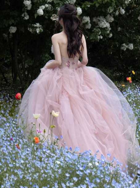 Sweet Pink Quinceanera Dress ,Ball Gown Strapless Tulle Corset Maxi Evening Dress RS932