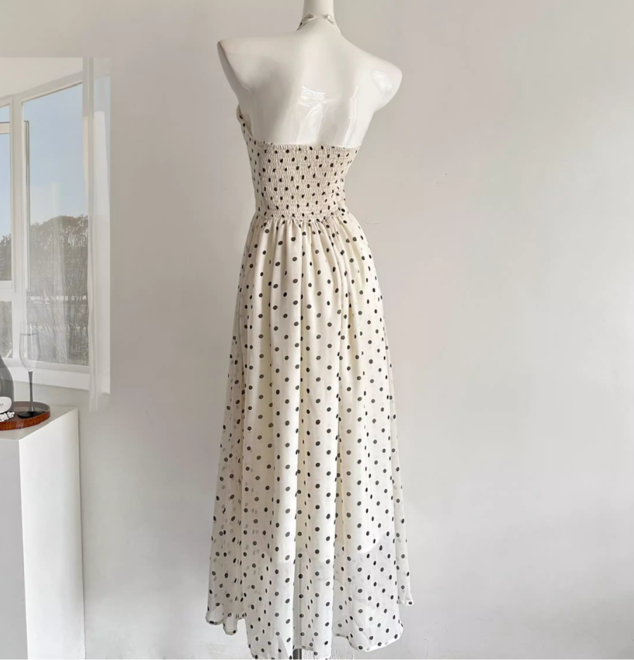 Polka dot halter dress 2025 new V-neck long dress temperament waist skirt R2034