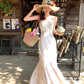 Pink long printed waist fishtail suspender dress for women summer French style slim temperament skirt R4821