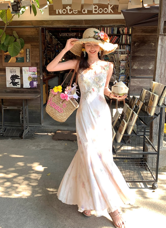 Pink long printed waist fishtail suspender dress for women summer French style slim temperament skirt R4821