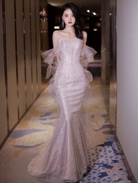Elegant Pink Prom Dress ,Mermaid Off-the-shoulder Tulle Bodycon Maxi Evening Dress RS934