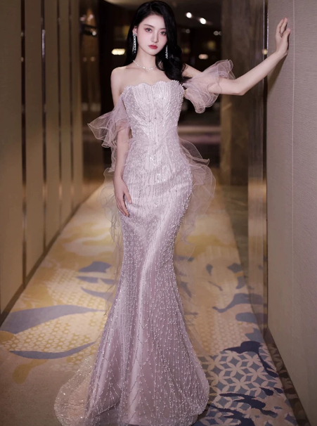 Elegant Pink Prom Dress ,Mermaid Off-the-shoulder Tulle Bodycon Maxi Evening Dress RS934