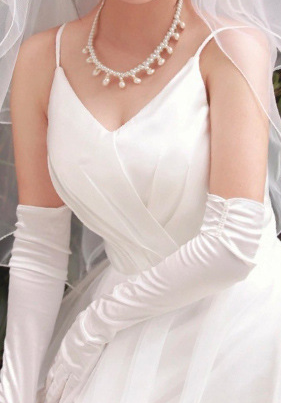 Off-white satin double row of beads wedding banquet dinner gloves     S6242