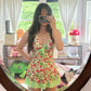 Green floral halter neck slim waist short skirt homecoming dress R2669