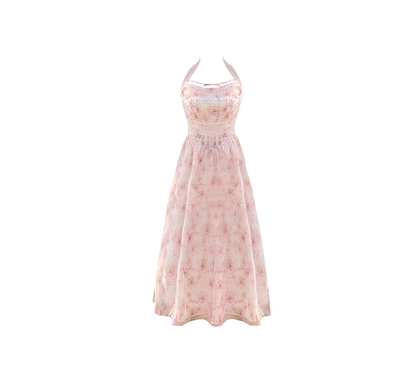 Summer new Korean style slim pink rose chiffon halter dress seaside holiday long dress R0103