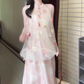 Pink buttoned mesh halter neck dress gentle temperament loose A-line long skirt R0751