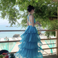 Blue seaside holiday long dress cake dress halter neck backless dress waist beach dress R1589