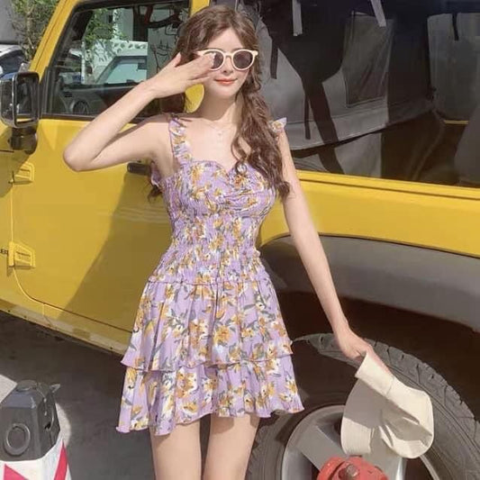 Purple floral suspenders waist slimming cake skirt R3245